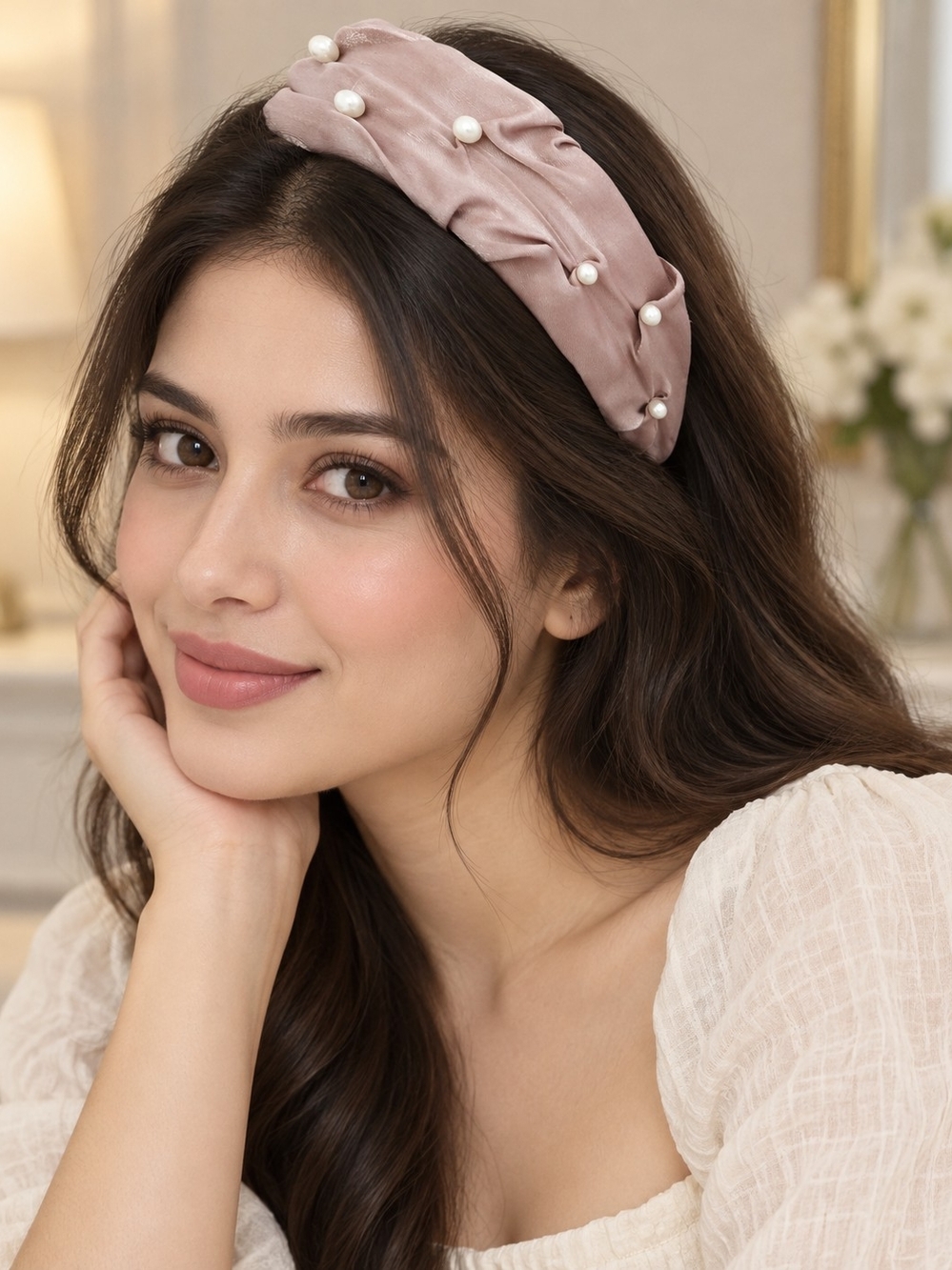 Pearl Ruched Headband in Pink Like New